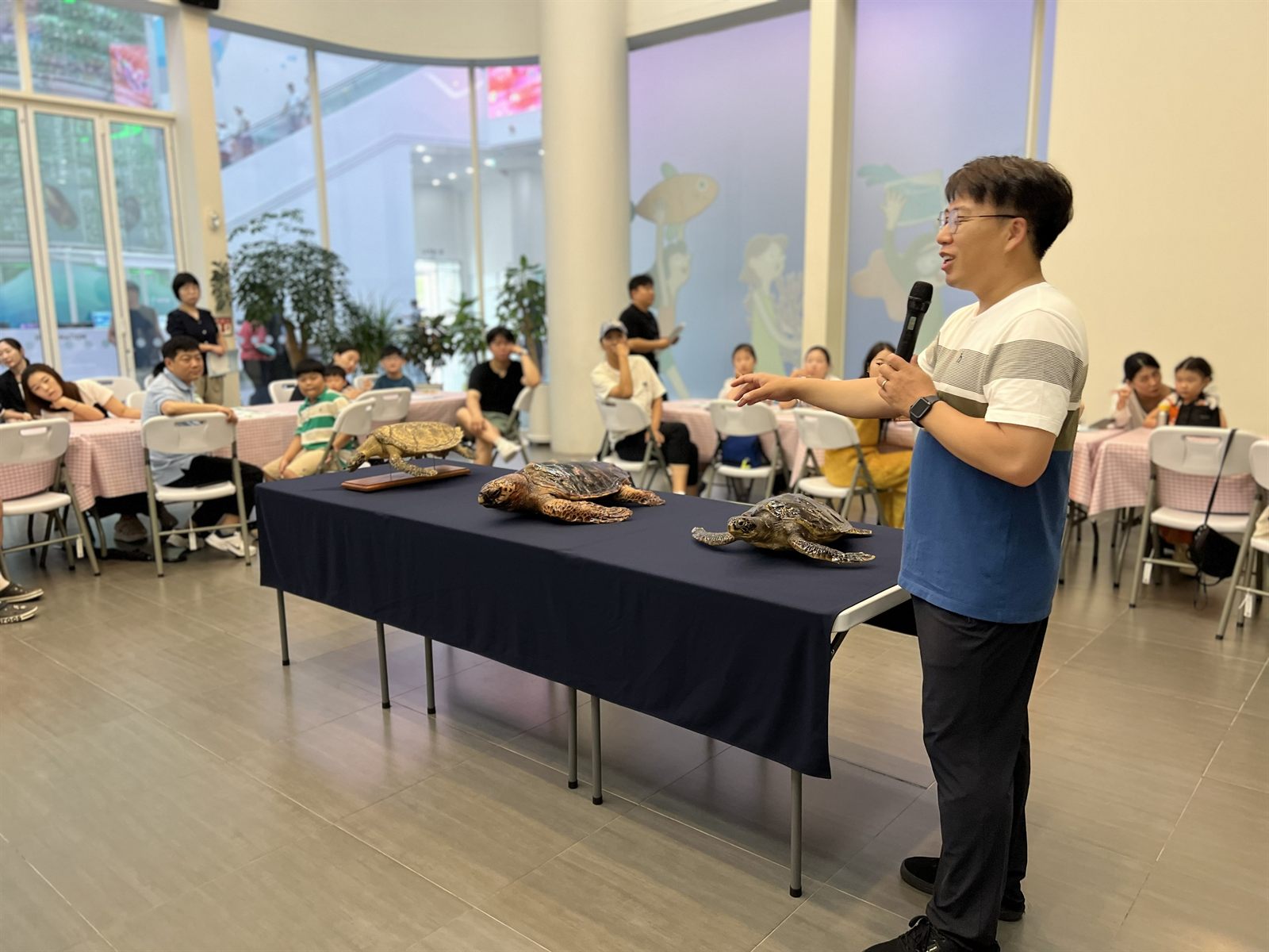바다거북 박제를 살펴보는 참가자들